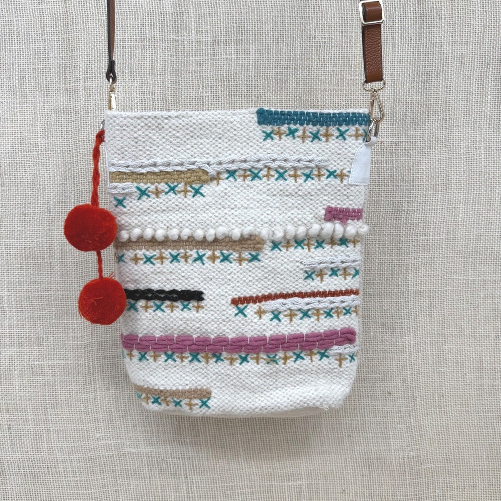 Evys Tree Woven Crossbody Bag Cream Multi Embroidered Pom Pom ETMCBF 191